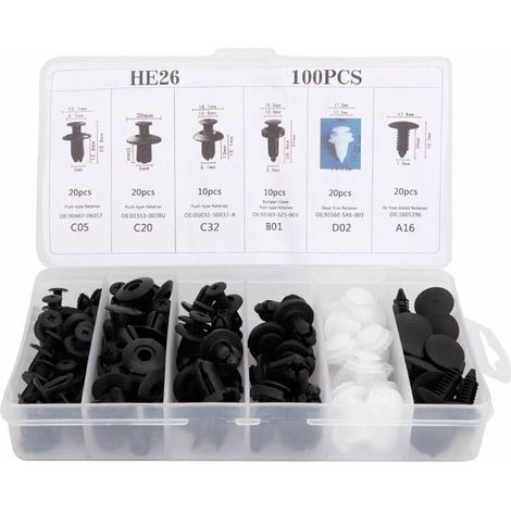 100 pièces Clip universel de garniture de porte, Kit de rivets poussoirs de voiture en plastique Clips de garniture de panneau de carte de porte Attache de fixation de pare-chocs, (1/4)
