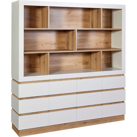 Meuble de cuisine 8 niches et rangements bas 4 portes et 2 tiroirs finition blanc et bois - DUALIS