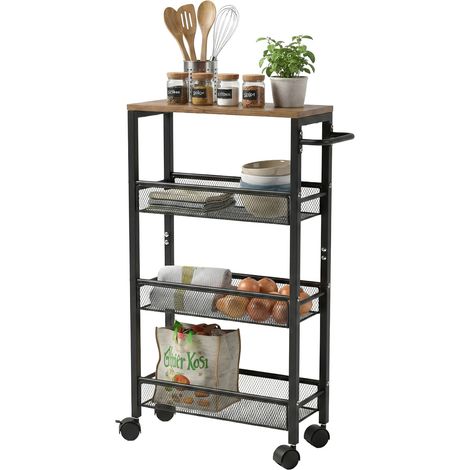 Relaxdays Nischenwagen, HxBxT: 77x13x45 cm, schmales Nischenregal Bad & Küche, 4 Ebenen, Rollregal Metall, braun/schwarz
