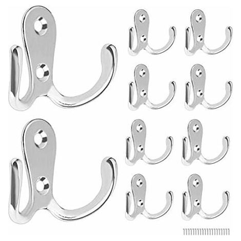 Filiyano-Lot de 10 crochets muraux doubles en alliage de zinc, avec 20 vis, pour vêtements, salle de bain, cuisine, chambre (argenté) (1/5)