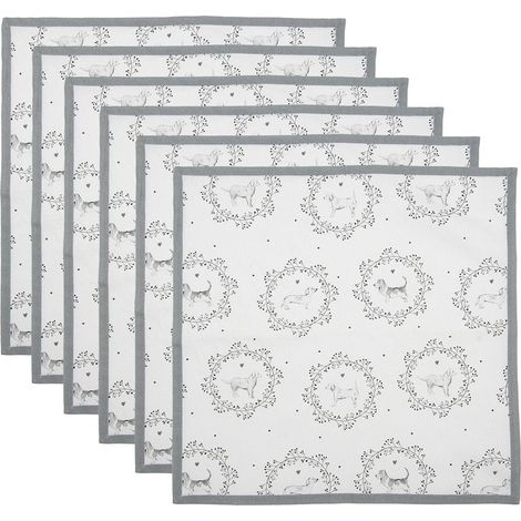 Lot de 6 serviettes de table en coton blanc et gris avec motif chien 40 x 40 cm - PANGIVO (1/5)