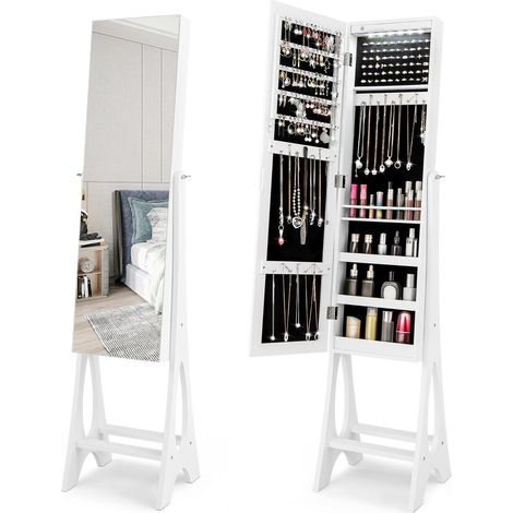 Freestanding Mirror Jewelry Cabinet Organizer W/ Full Length Mirror Built-in LED (1/5)