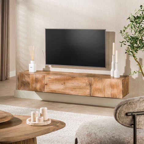 Meuble TV 3 portes à motif ondulé 160x35x45 cm en manguier - NAECO (1/5)
