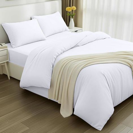 - Housse de Couette 200x200cm, Drap Housse 135x190cm et Taies doreilr 50x75cm - Pour lit 135x190cm Blanc (1/5)