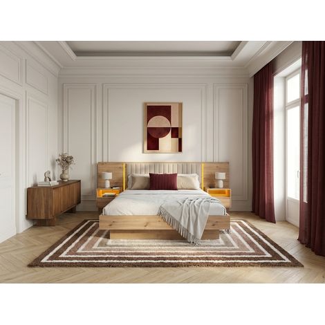 BOBOCHIC - Lit coffre avec leds RIAD et chevets intégrés 140x190 Beige (1/5)
