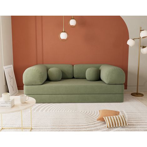 Lisa Design – Canapé 3 places convertible en velours texturé – Couchage occasionnel – Largeur 200 cm – Style contemporain – Vert sauge (1/5)
