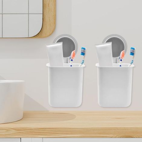 2PCS Support de Rangement pour Brosse à Dents Mural Porte Brosse a Dent et Dentifrice Range Brosse a Dent Electrique Support Brosse a Dent Adhesif avec Ventouse pour Cuisine Salle de Bain,Blanc (1/5)
