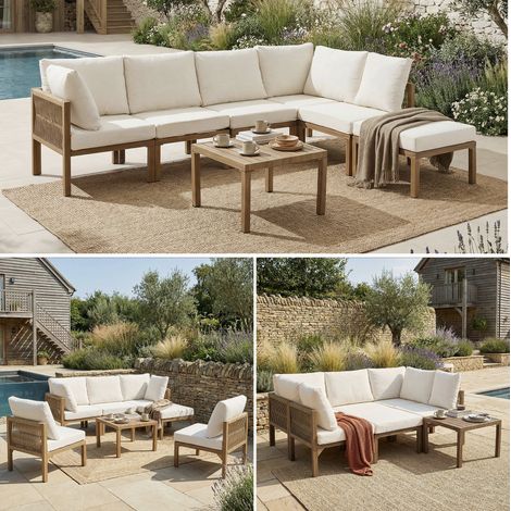 Ensemble repas jardin canapé d'angle lit détente convertible en lit modulable tissu beige aspect bois cadre métallique pour relaxation extérieur (1/5)