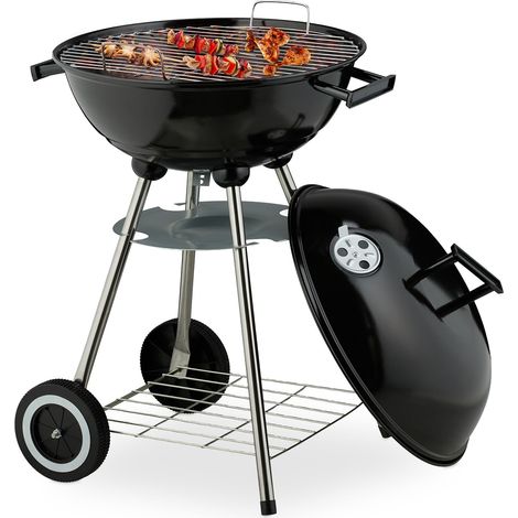 Relaxdays Kettle BBQ Grill, Ø 44 cm, Cooking Grate, Ash Collector, Charcoal Barbecue on Wheels, Garden & Patio, Black