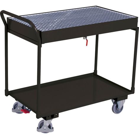 VARIOfit Tischwagen mit Gitterrost und 2 Ladeflächen 995x595mm mit hohem Schiebebügel RAL 7016 Anthrazitgrau (1/4)