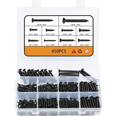 Set di 450 viti per legno nero M3 M4 M5 M6, viti autofilettanti in acciaio al carbonio ad alta durezza, set di viti a testa cilindrica con cacciavite Phillips, ossido nero, filettatura completa (1/5)