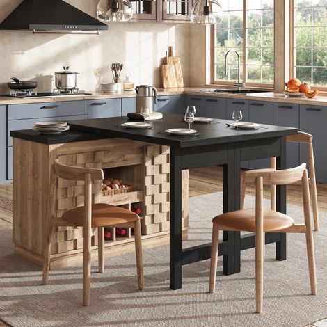 360° drehbare Kücheninsel & Seitenschrank 120–197cm mit Patchwork-Türen, herausnehmbarem Weinregal & Schubladen, 2 Farben (Eiche hell / Schwarz) (1/5)