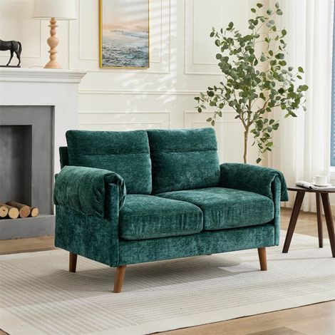 Canapé 2 Places Compact en Chenille - 124x70x85cm - Canapé Mid-Century Salon avec Pieds en Faux Bois - Vert Émeraude (1/5)