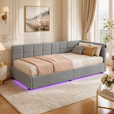Lit coffre 90x200 avec LED et USB/Type C, Lit rembourré 1 Personne, lit simple, cadre de lit avec tête de lit rangement, Gris, Matelas non compris, MDF (1/5)