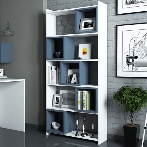 Librería Policoro, Biblioteca 4 Estantes, Instalación Libre, Gradiente Color Estructura Pizarra, 80x22x170h cm Blanco (1/5)