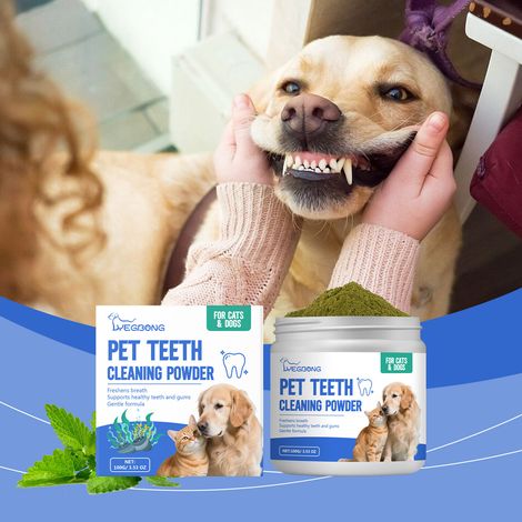 Poudre nettoyante pour les dents des chats et des chiens : élimine la plaque dentaire et les dents jaunies, rafraîchit l’haleine et protège la santé bucco-dentaire de votre animal – 100 g (1/5)