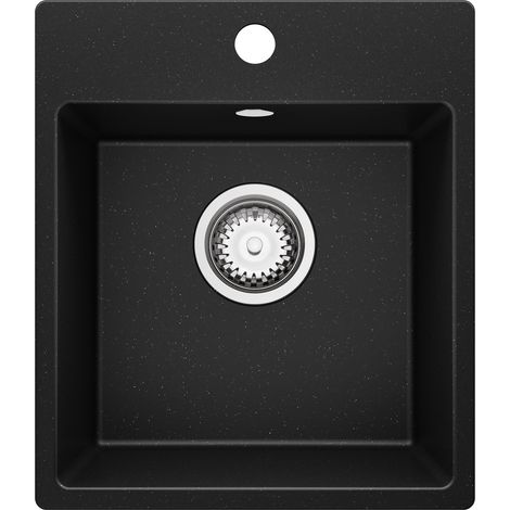 PRIMAGRAN Evier Cuisine en Granit 38x44cm, Lavabo 1 bac + Kit de Vidage, Évier à Encastrer au meuble 40cm - Riga Easy, Noir Métallisé