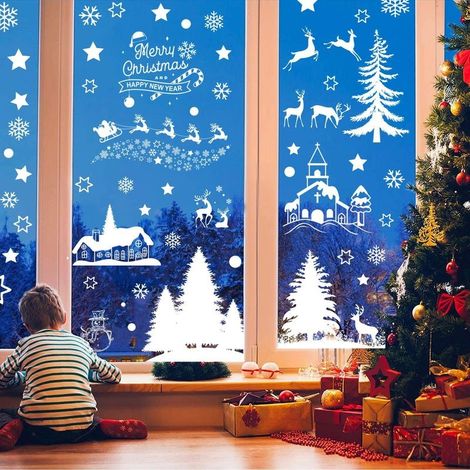 Autocollants Noël fenêtre réutilisables 20x29,5 cm – PVC électrostatique – Flocons de neige et rennes – Décoration intérieure (1/4)