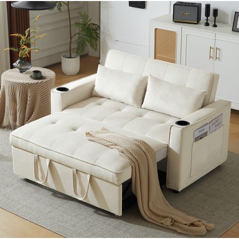 Canapé convertible 2 posti in velluto beige 137x76,5x83 cm con schienale reclinabile e portabicchieri (1/5)