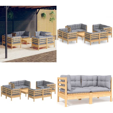 9-tlg. Garten-Lounge-Set mit Grauen Kissen Kiefernholz - Gartenmöbel - Loungesessel - Kiefernholz Möbel - Outdoor Furniture - Gartengeräte - Home & Living
