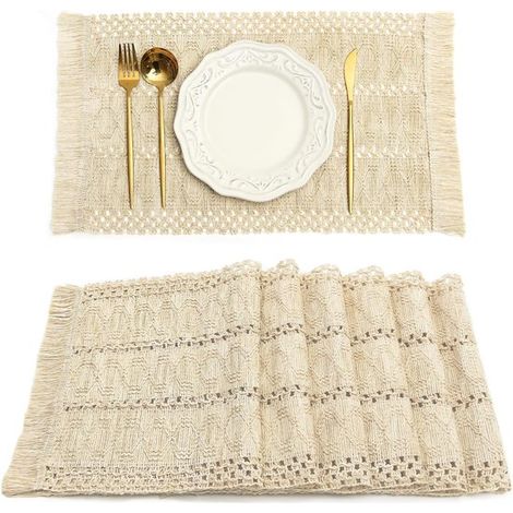 6 manteles individuales - Lino de algodón natural - 30x50cm - Estilo bohemio - Lavables - Antideslizantes - Decoración con borlas - Se pueden usar como protector de mesa - Beige