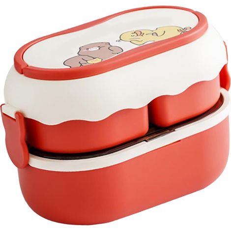 2-stöckige, 3-fach unterteilte Lunchbox, großes Fassungsvermögen, mikrowellengeeignet, hübsche, tragbare Bento-Box, rot (1/5)