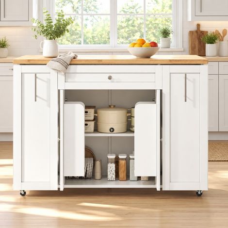 Isola cucina mobile con piano ribaltabile, vani e ruote, bianco naturale OKMYHOME (1/5)