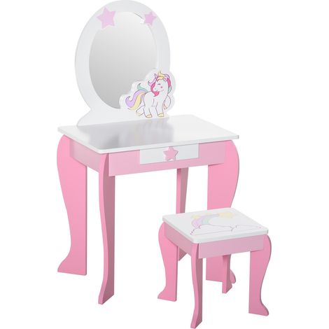 Miroir jouet avec tiroir et tabouret pour filles de 3 à 6 ans, jeu d’imitation et rangement pour accessoires. (147 caractères) (1/5)