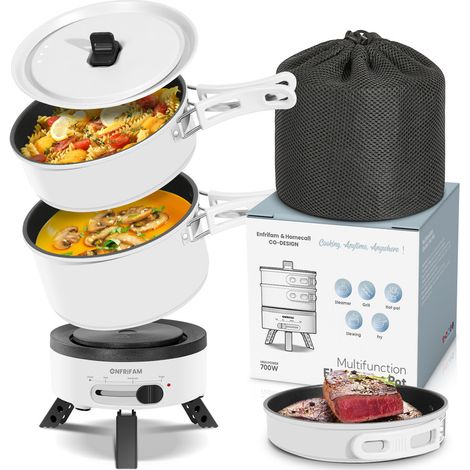 ENFRIFAM Elektrische Multipfanne Elektrische Hot Pot, Multikocher, Elektrische Pfannen, Campingkocher 700,00 W, Fondue Set, Ideal für Büro Wohnheime Hotels Reisen Wohnwagen-weiß(3 st pot) (1/5)