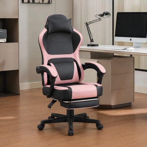 Fauteuil gaming ergonomique style kawaii rose noir, repose‑pied extractible double coussin lombaire, bureau télétravail détente (1/5)