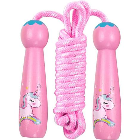 Corde à sauter enfant Licorne Rose, corde à sauter en bois 2,5m pour filles, poignées bois naturel, jeu extérieur, cadeau Noël anniversaire enfant (1/5)