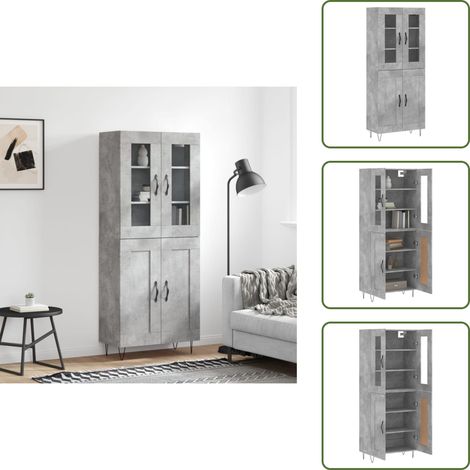Bois d'ingénierie - vidaXL Buffet haut Gris béton 69,5x34x180 cm Bois d'ingénierie - Pieds métalliques