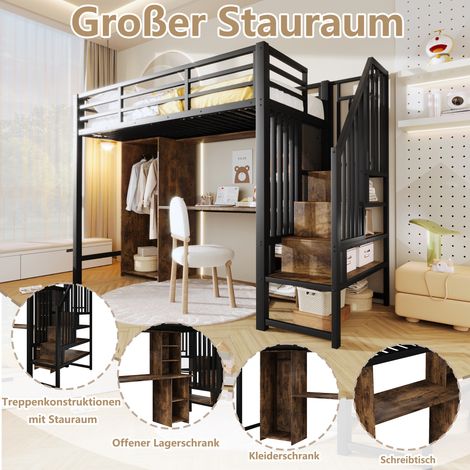 Lit mezzanine,90 x 200 cm,cadre en fer,avec espace de rangement,armoire,bureau,escalier avec espace de rangement,sans matelas,noir