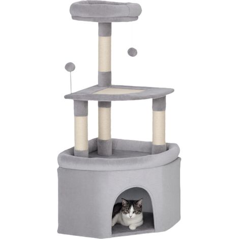 Arbre à chat tour de jeux pour chats griffoirs sisal, plate-forme, niche, tissu peluche, balles, 49x49x114cm gris clair