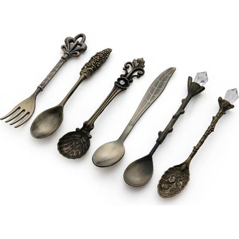 6 mini cuillères à café vintage, 11,5 cm, bronze antique, alliage de zinc, style royal, dégustation thé/café/glace