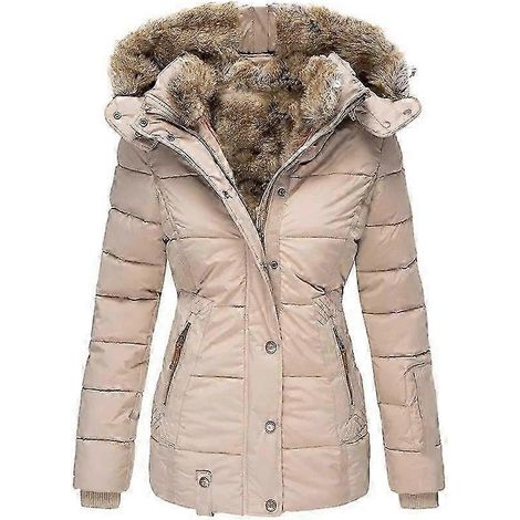 Warme Damen-Winterjacke mit Pelzkragen, Reißverschluss, langen Ärmeln, taillierter Passform und Kapuze (XS Apricot)