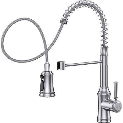 Robinet Cuisine Nickel Brossé, Robinetterie de Cuisine Douchette avec 3 Modes de Pulvérisation, Arc Haut Mitigeur Cuisine Extensible avec 360°Pivotant pour Évier de Cuisine, Acier Inoxydable (1/5)
