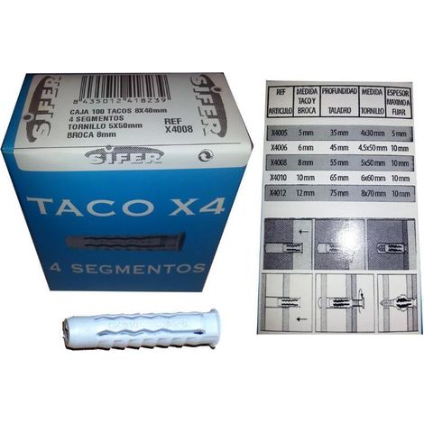 SIFER sifer taco sx4 nyl.gris   5x25 caja de 150 und x4005 , sifer taco sx4 nyl.gris   5x25 caja de 150 und x4005