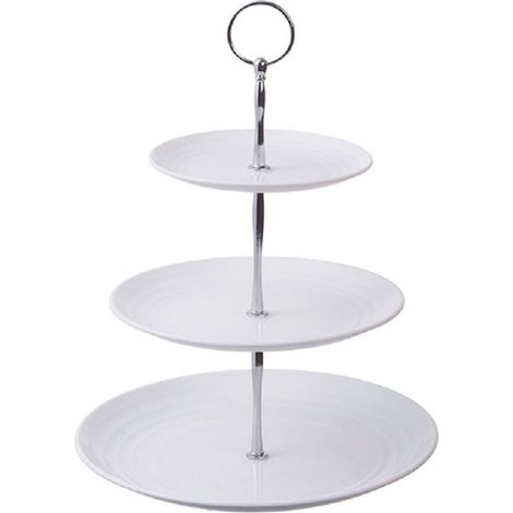 Étagère à 3 niveaux - étagère - plateau à desserts - corbeille à fruits - présentoir à gâteaux blanc - présentoir pour le thé de l'après-midi - coupe à fruits - plastique - blanc (1/5)