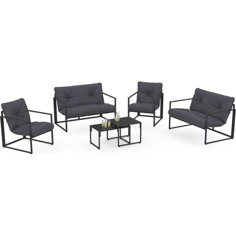 Idmarket – Salon de jardin bas NAIROBI 6 places – Structure en acier gris anthracite – Coussins déperlants 180gr/m² – Tables gigognes en verre trempé