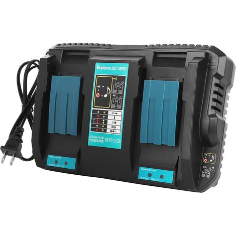 Chargeur double pour batteries avec interface USB DC18RD, compatible avec les modèles Makita BL1830 et BL1430 (prise US 14,4-18 V, 110-130 V). (1/5)