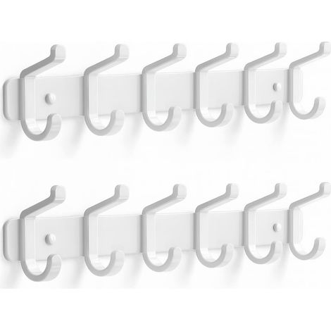 Set of 2 sturdy metal wall-mounted coat racks with 6 hooks for hanging hats, clothes, bathrobes, keys, backpacks, towels, jackets, handbags, closets, doors, and entryways.