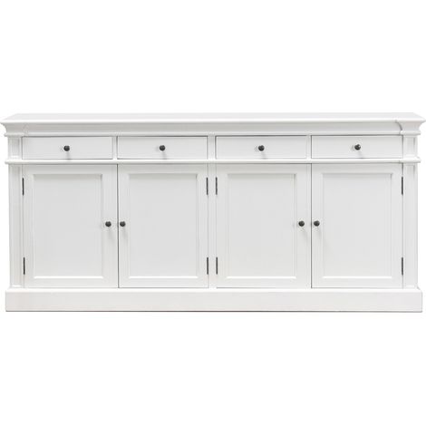 Ebuy24 – Buffet ancien en bois massif patiné blanc – 4 portes et 4 tiroirs – Largeur 186 cm, Hauteur 86 cm – Style romantique élégant