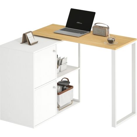 Bureau d'angle 360° pivotant avec 2 placards, 2 étagères ouvertes, format L, droit ou compact pour petits espaces, blanc effet bois clair - CHICFURN (1/5)