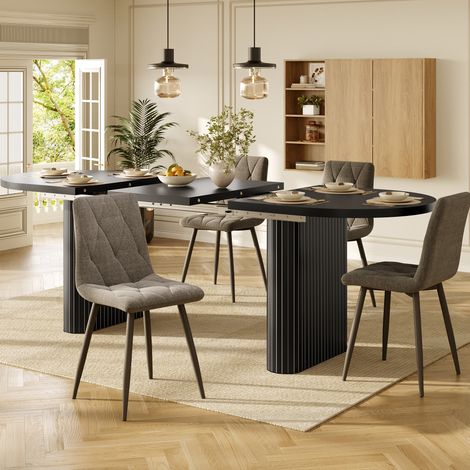 Table a manger extensible 120-160x80 cm avec 4 chaises, plateau ovale, structure stable, MDF noir et gris (1/5)