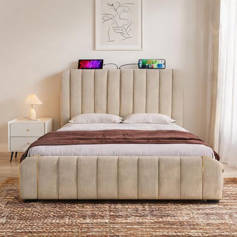 Cadre de lit beige en lin 216 x 150 x 101 cm (1/5)