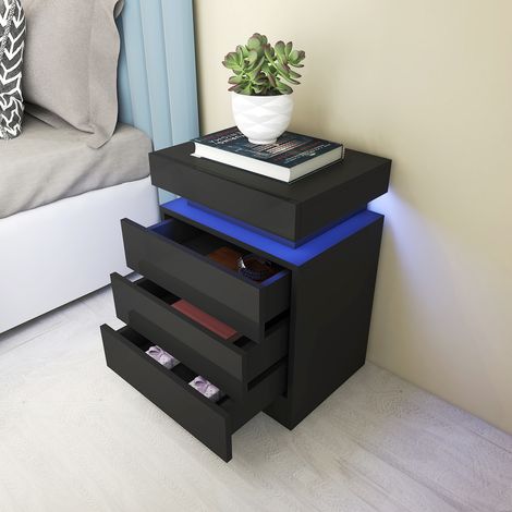 Table de Chevet LED Multifonction 3 Tiroirs avec Dessus Rabattable - Panneau de Particules 45x35x61cm, 16 Couleurs Personnalisables & Télécommande pour Chambre/Salon Design Moderne (1/5)