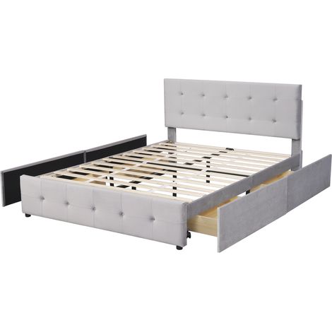 Letto imbottito 140 x 200 cm con 4 cassetti, rete a doghe e testiera, grigio, senza materasso (1/5)
