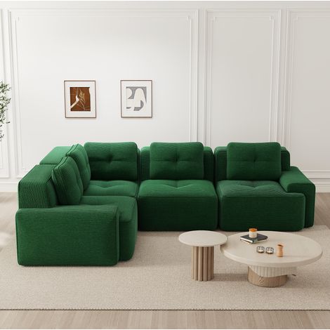 Sofá esquinero modular de 4 plazas en pana verde, sin montaje DESVIAE (1/5)
