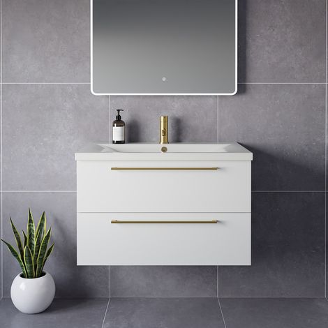 Napoli 460 Gloss White 800mm Wall Mounted 2 Drawer Vanity Unit with Glide Basin - 800mm - Brushed Brass 480mm Handle